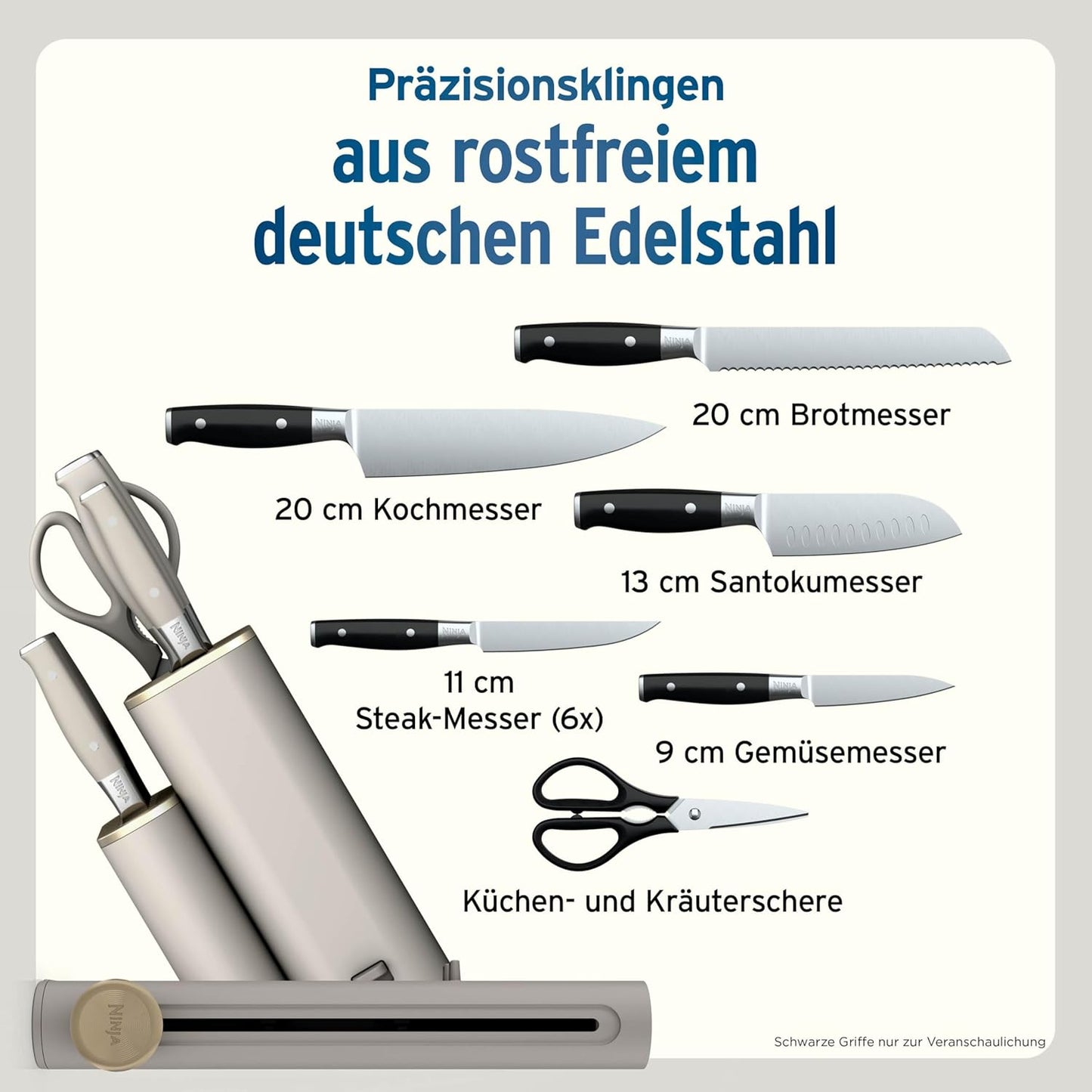 Ninja StaySharp 13-teiliges Messerblock-Set mit abnehmbarem Messerschärfer – Steingold