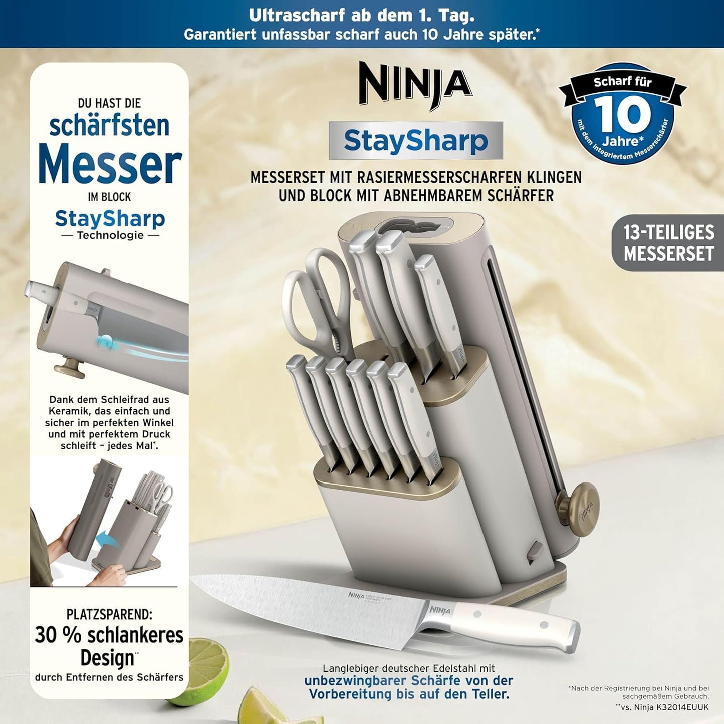 Ninja StaySharp 13-teiliges Messerblock-Set mit abnehmbarem Messerschärfer – Steingold