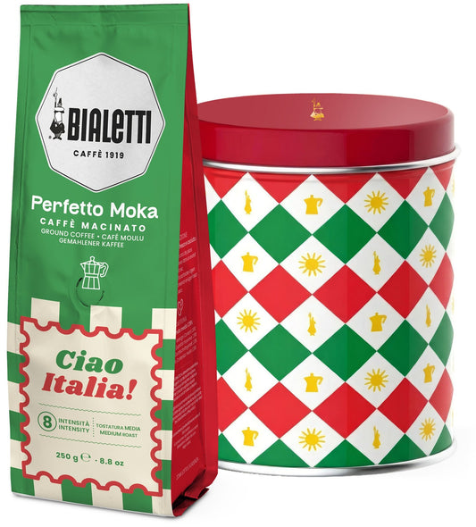 Bialetti Ciao Italia Design-Kaffeedose mit Perfetto Moka Classico – gemahlen 250 g