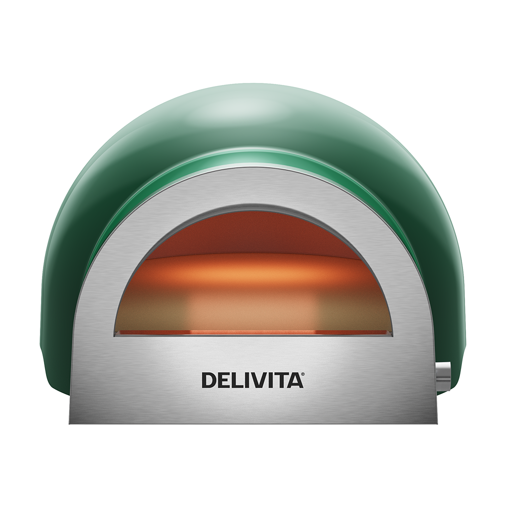Delivita Flow Dual-Fuel Pizzaofen British Racing Green Frontansicht mit Ofenöffnung