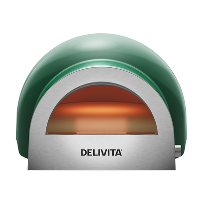 Delivita Flow Dual-Fuel Pizzaofen British Racing Green Frontansicht mit Ofenöffnung
