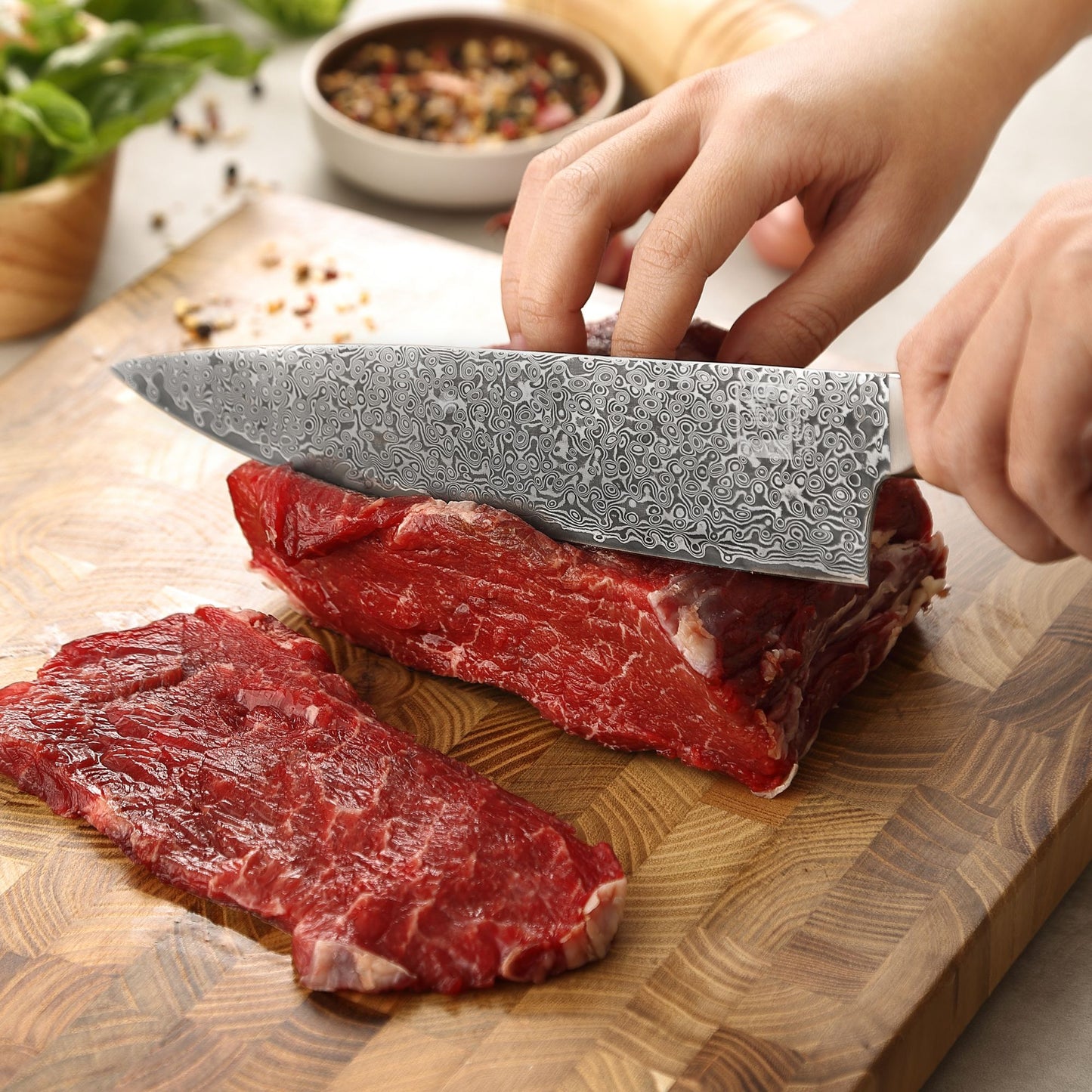 Chefmesser Gyuto I 20 cm Klinge aus 67 Lagen dunklem Damaststahl I Pakkaholzgriff