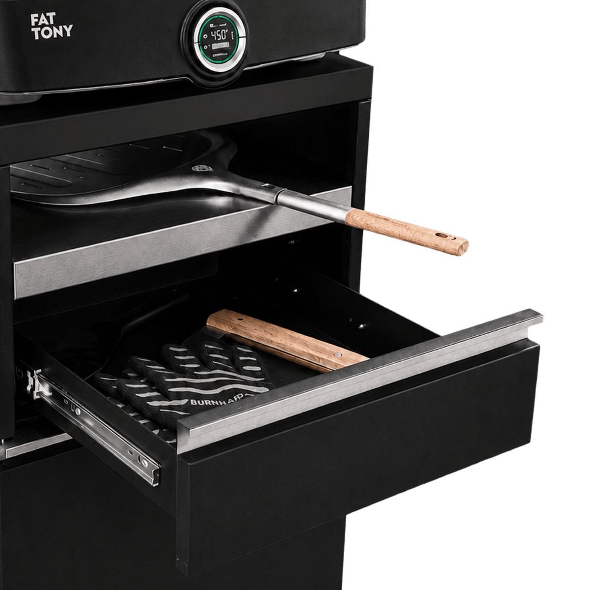 Schublade des Burnhard Pizzaofen-Tischs im Detail