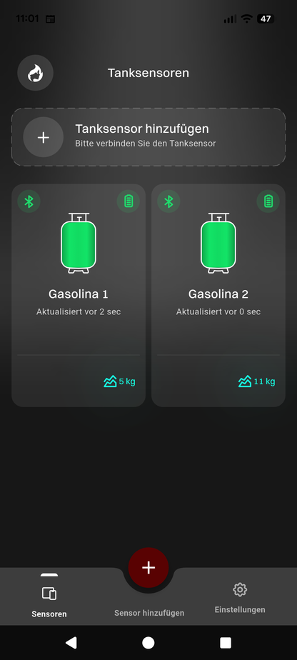 Gasolina App Übersicht mehrerer Gasflaschen-Sensoren