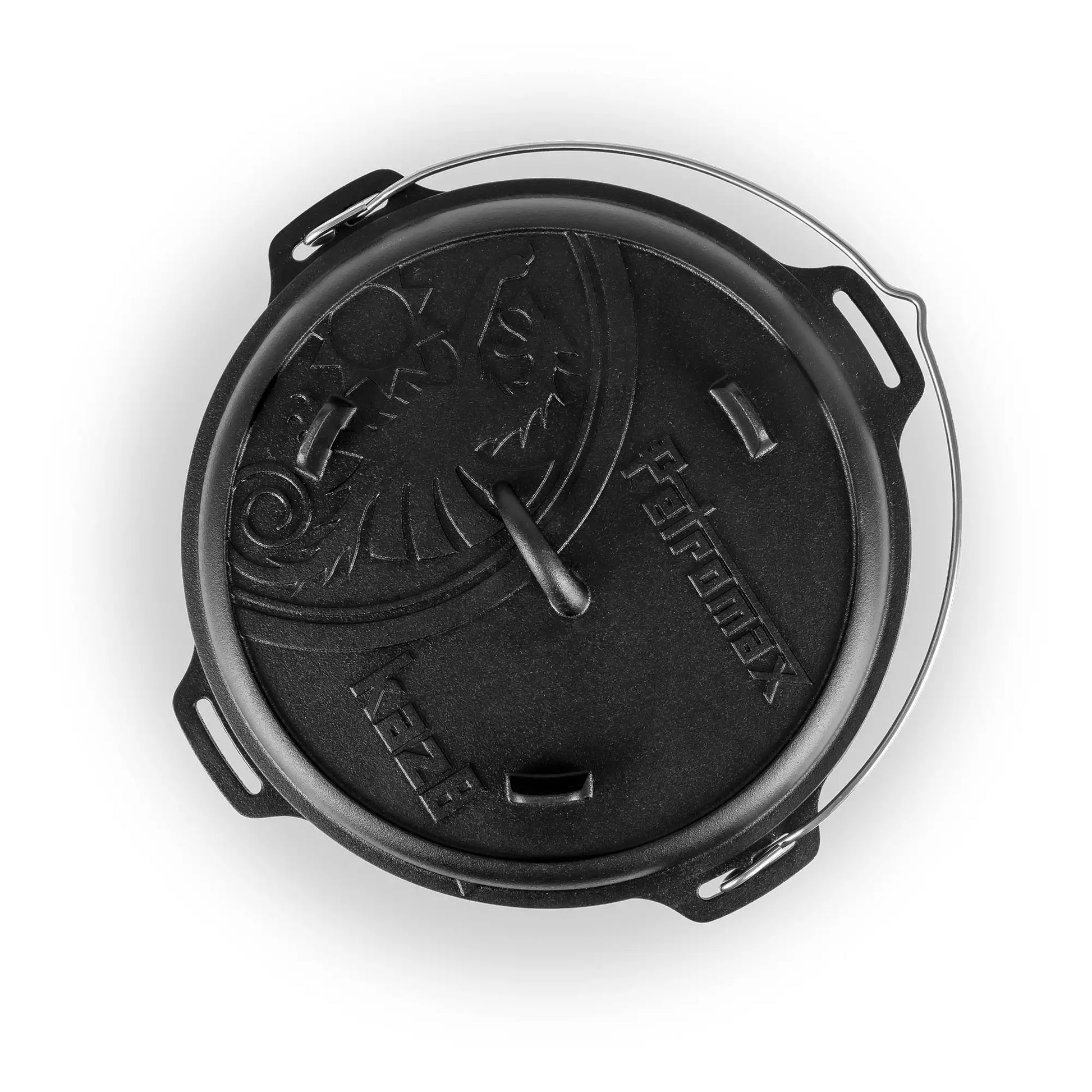 Deckel des Petromax Kazan mit drei Füßen und Thermometerdurchführung