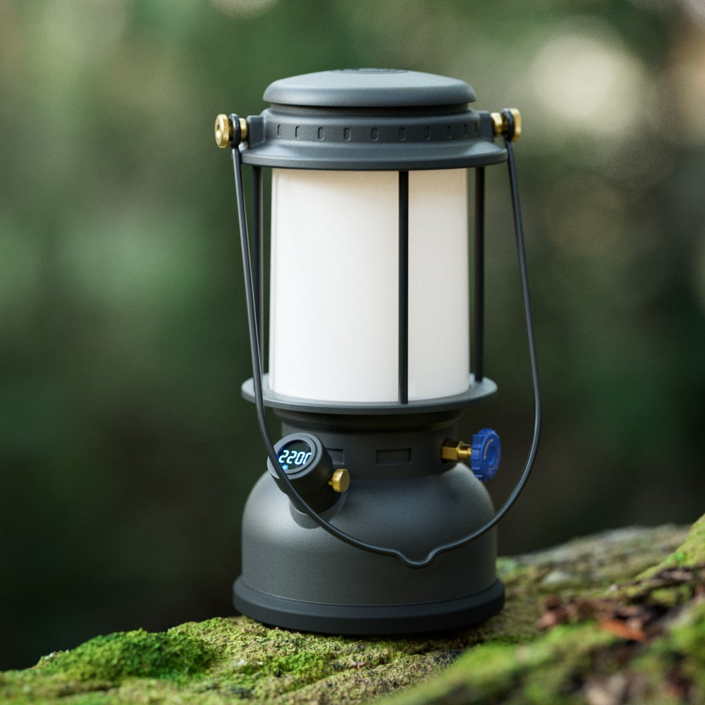Petromax LM500 LED-Laterne auf einem Baumstamm im Wald